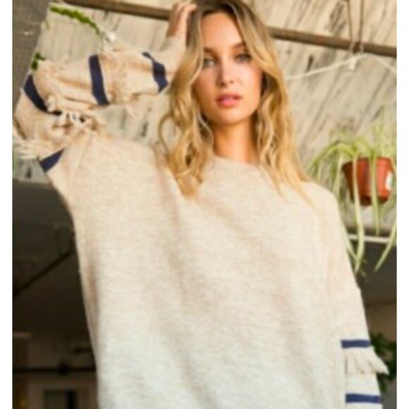Hem & Thread Sweaters - Cute boho fringe and blue stripe sleeve women's tan sweater Hem & Thread, Large